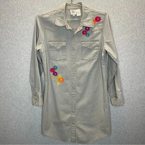 Ivy Jane Linen Blend Embroidered Pearl Snap Button Down Shirt Dress